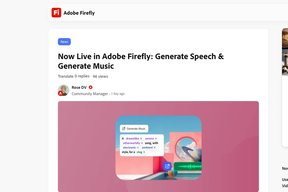 Adobe Firefly Generate Music announcement showing the product interface · Adobe, captured 22 Aug 2026