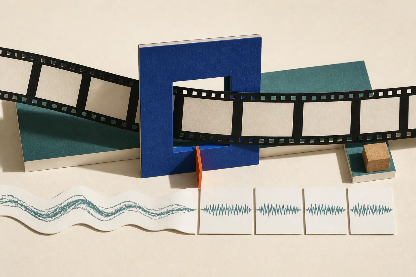 Paper film strip and waveform passing through an editing gate before the audio is cut into four fitted soundtrack segments