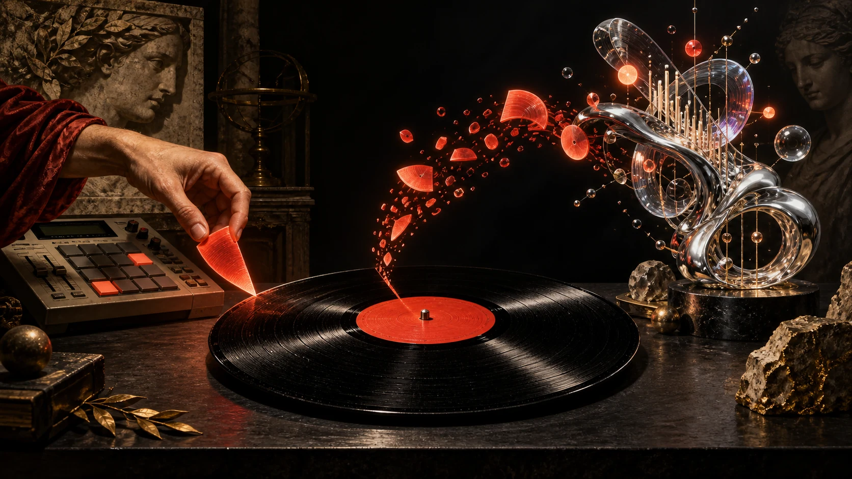An old-master painted hand samples a vinyl record while another stream of sound becomes a chrome-and-glass digital sculpture
