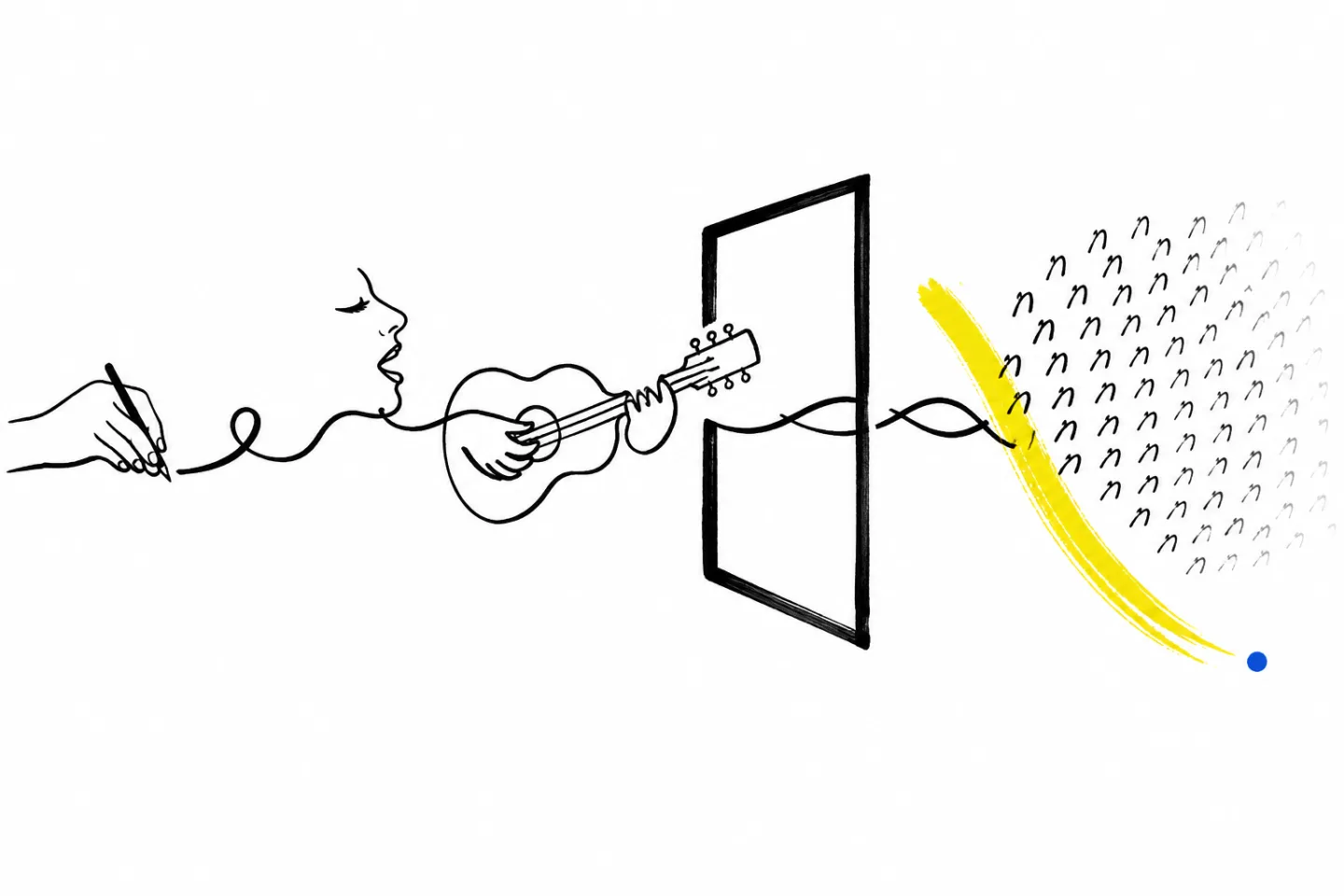 Sparse ink drawing of human writing, singing and playing passing an eligibility frame while repeated machine marks are redirected