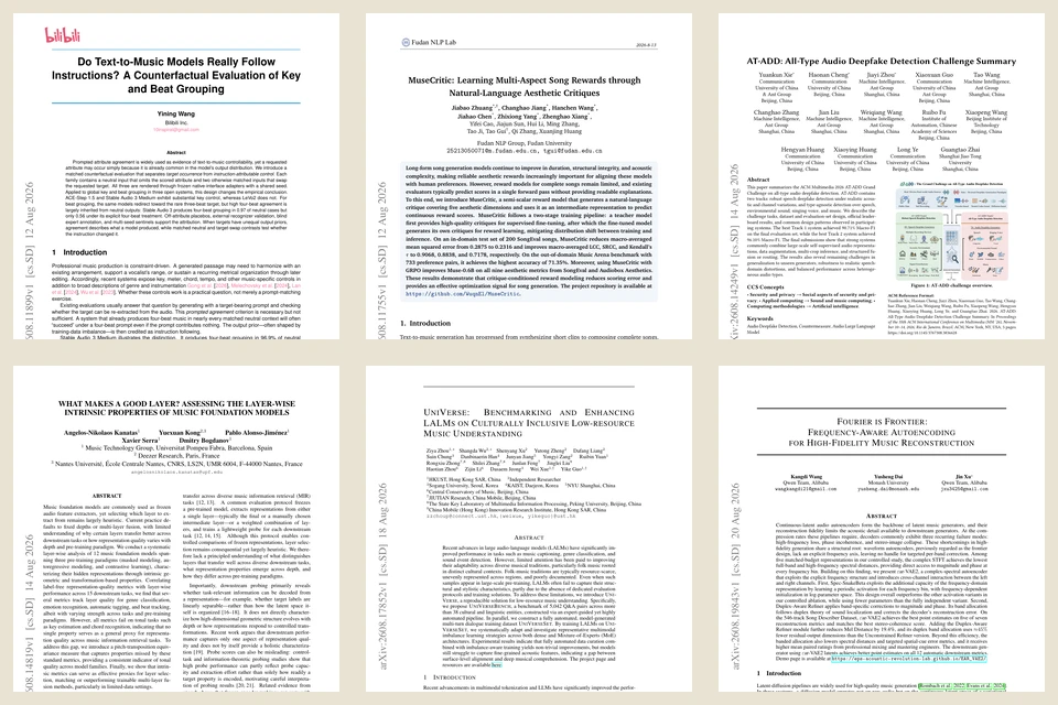 First-page collage of six August 2026 music-AI research papers · arXiv authors, editorial layout by aimusic.events · 22 Aug 2026