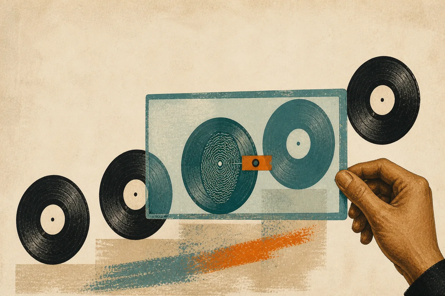 A hand-held inspection frame reveals a waveform fingerprint and disclosure tab on one record while it remains in a rising chart