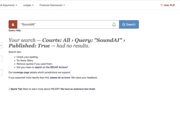 CourtListener search for SoundAI returning no results.