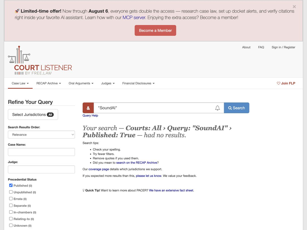 CourtListener opinions search for "SoundAI", 0 results · CourtListener / Free Law Project · captured 15 Jul 2026