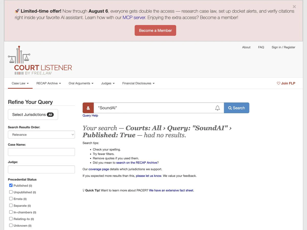 CourtListener opinions search for "SoundAI", 0 results · CourtListener / Free Law Project · captured 15 Jul 2026