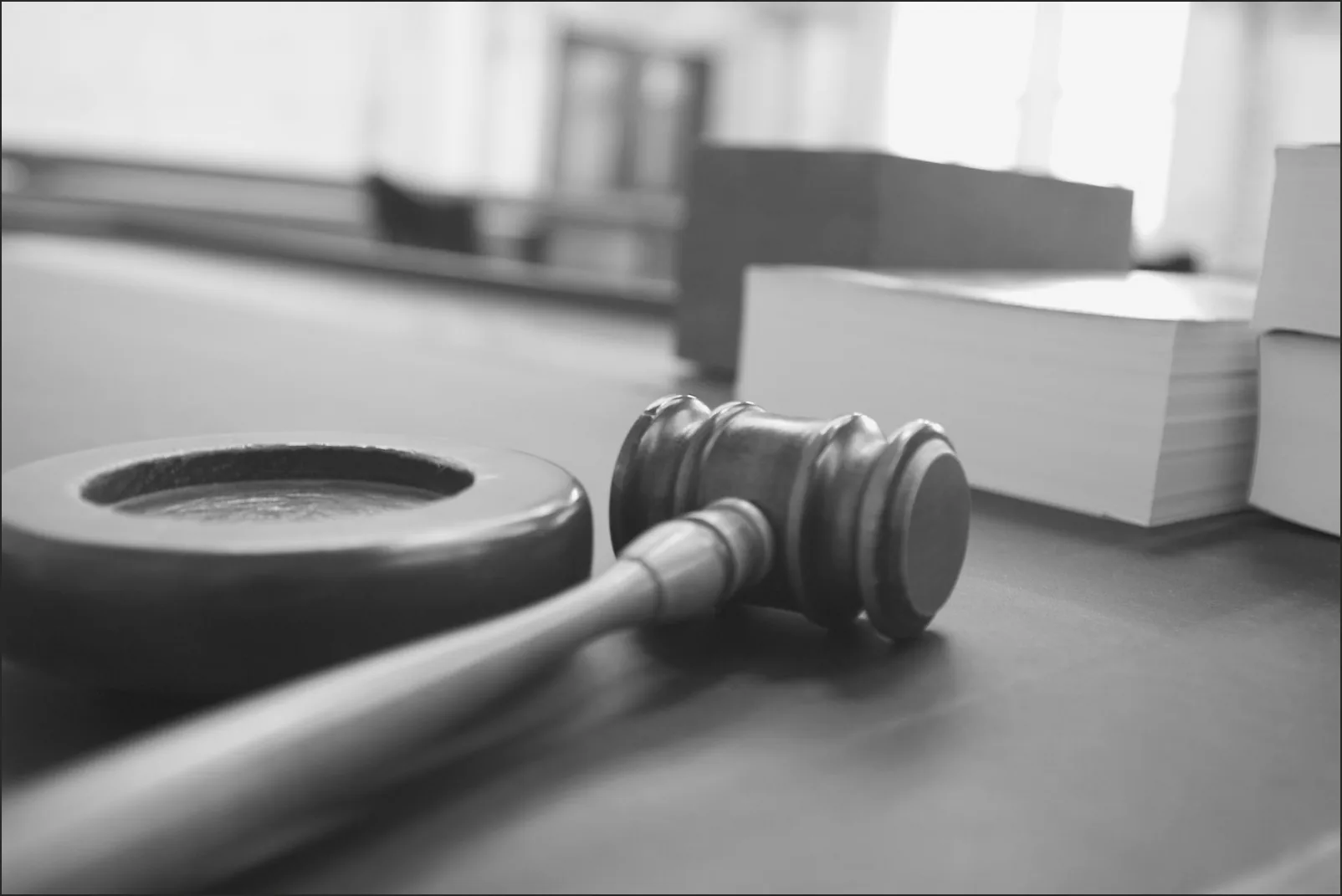A gavel resting in a United States courtroom.