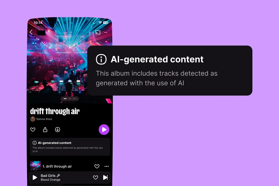Deezer's visible AI-generated content label · Deezer, published 21 Jul 2026