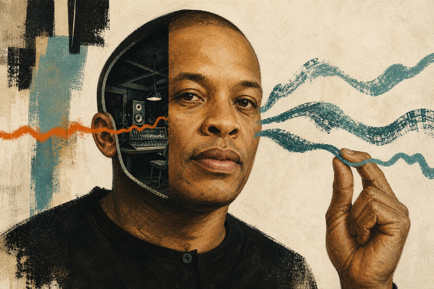 Surreal painted portrait of Dr. Dre with a recording studio inside his silhouette as he selects one transformed sound