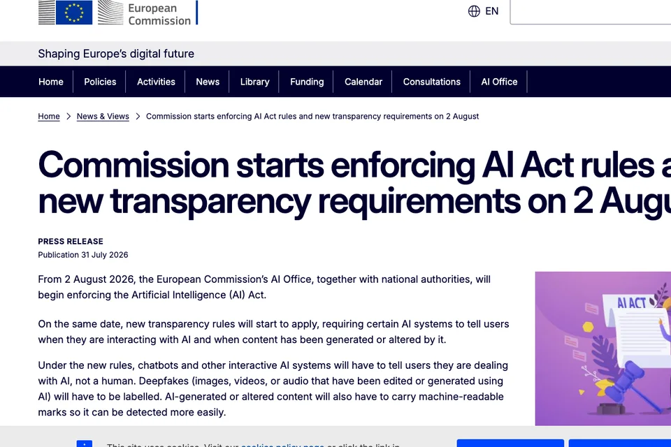 European Commission announcement on Article 50 transparency requirements · European Commission, captured 22 Aug 2026