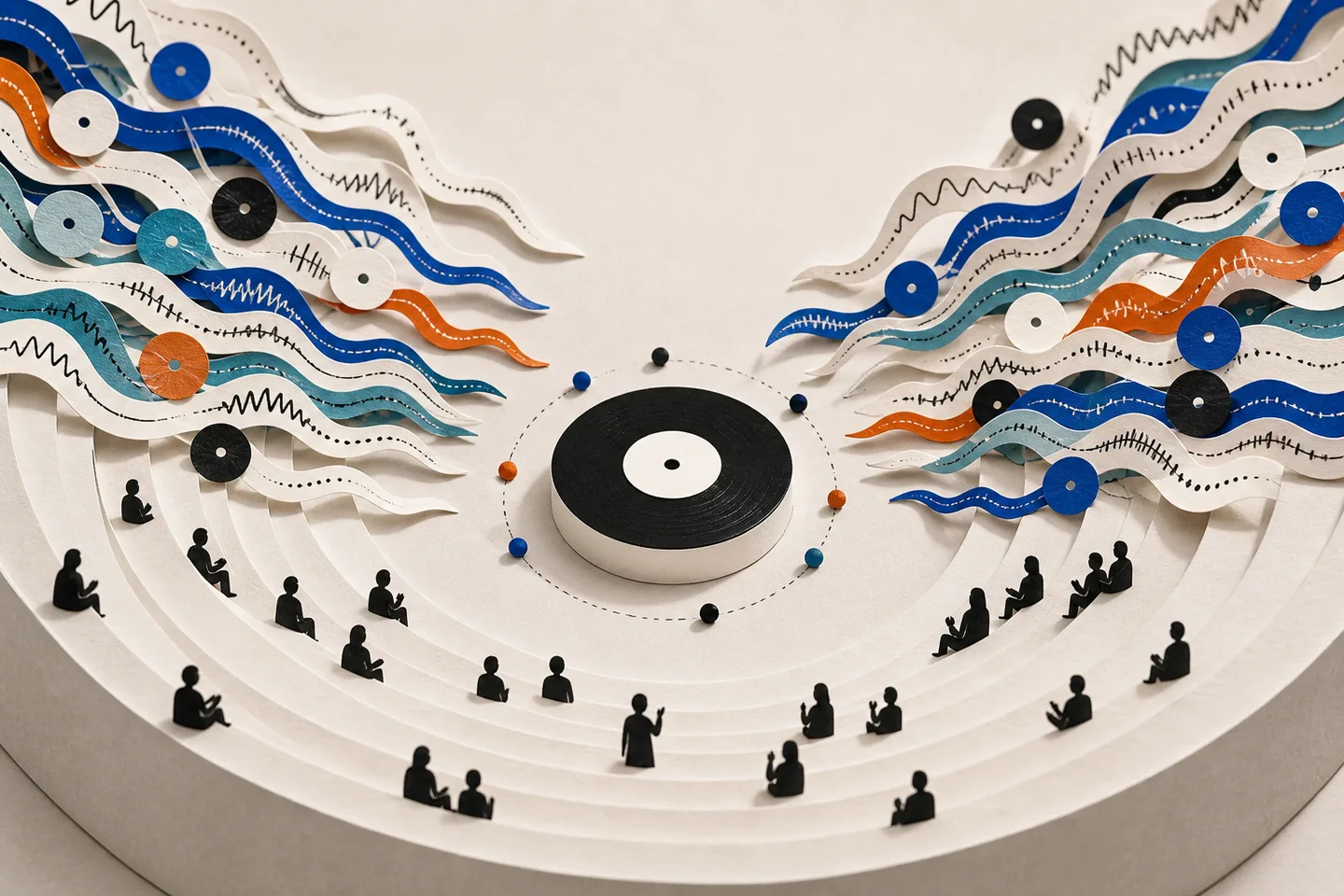 Paper-built listening arena where hundreds of waveform ribbons converge on a public song contest stage