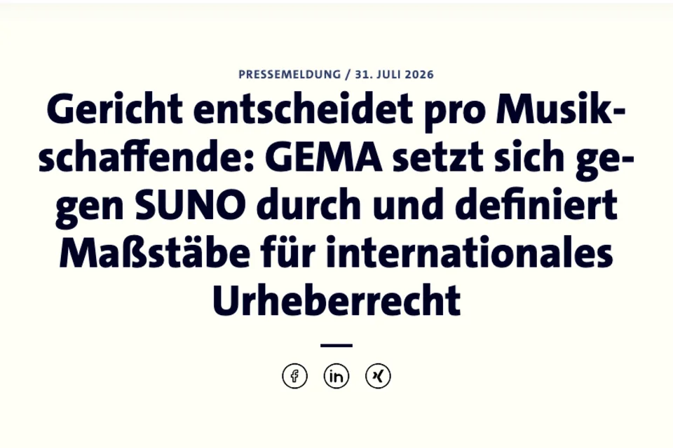 GEMA's official announcement of the Suno ruling · GEMA, published 31 Jul 2026