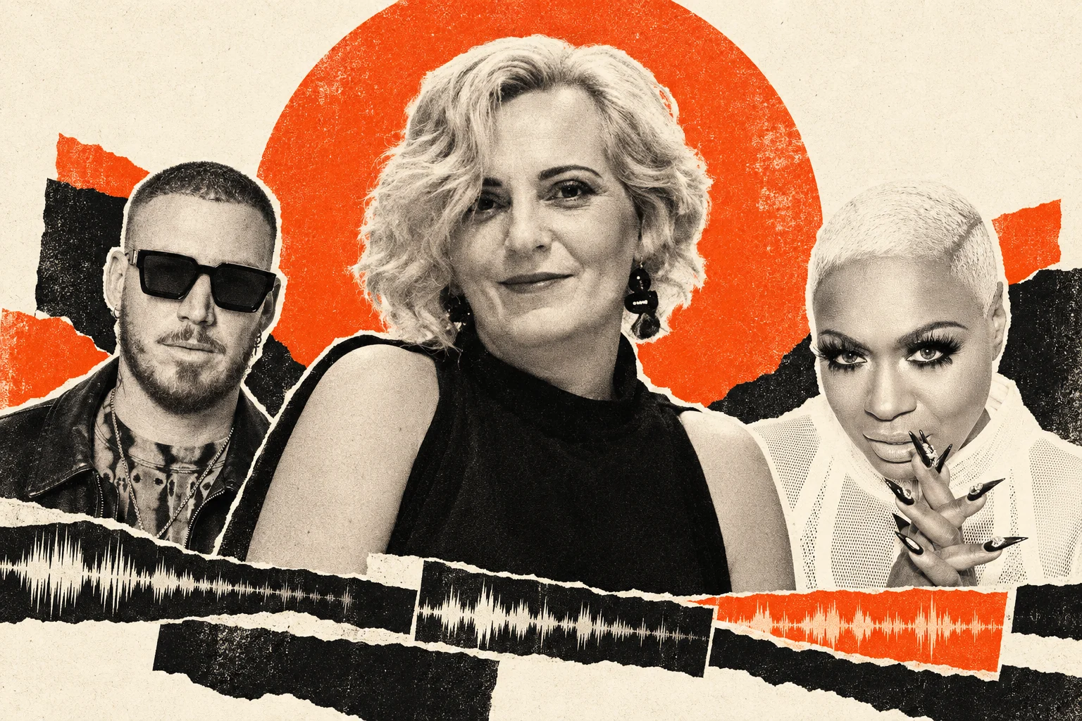 Imael Angel in the centre, HUGEL on the left and Ultra Naté on the right, with an orange sun and strips of audio waveforms