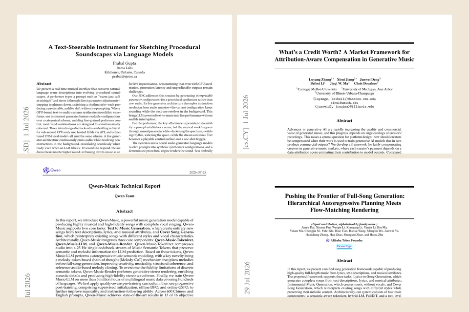 Four July 2026 AI-music research papers · arXiv, editorial crop by aimusic.events