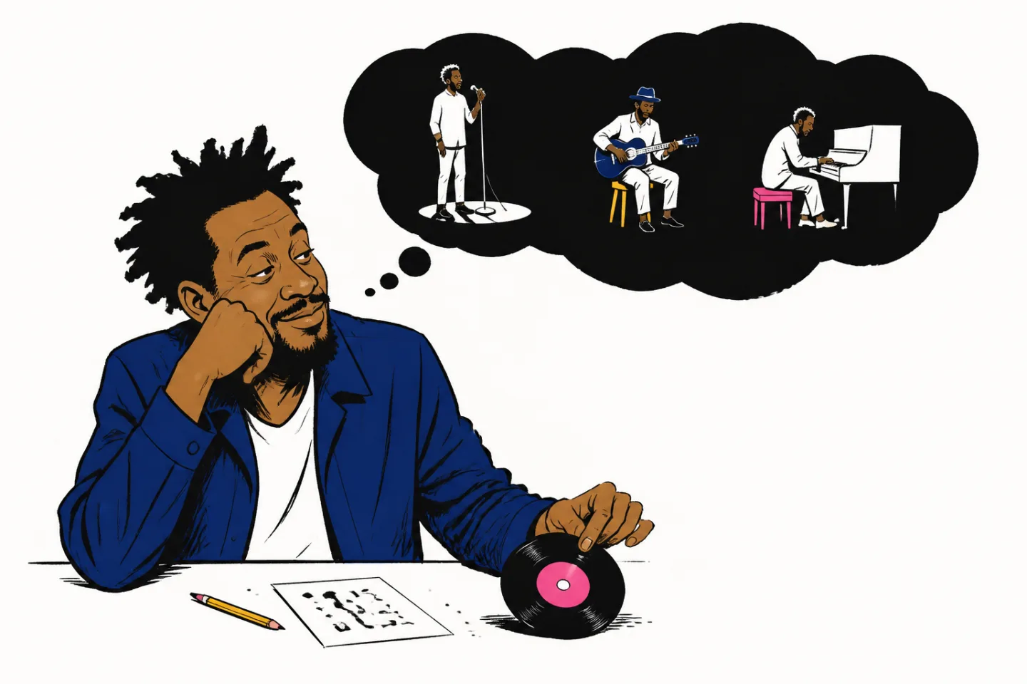 Graphic ink caricature of a songwriter choosing one record after imagining three musical treatments