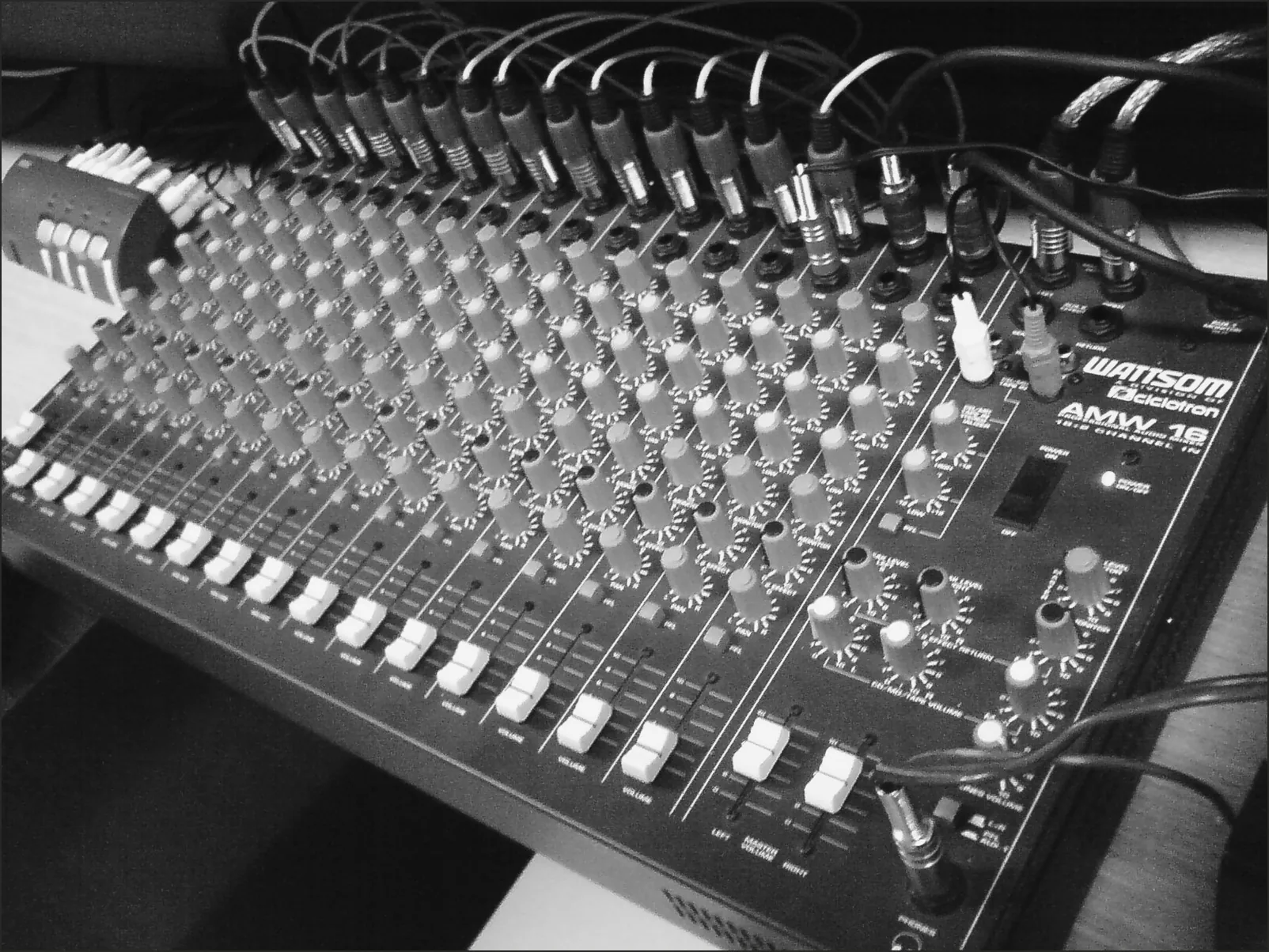 A 16-channel mixing console seen from above.