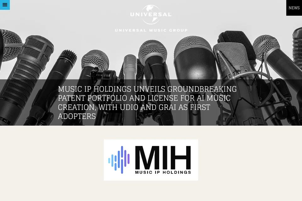 Music IP Holdings patent-licensing announcement and official MIH mark · UMG and Music IP Holdings, captured 22 Aug 2026