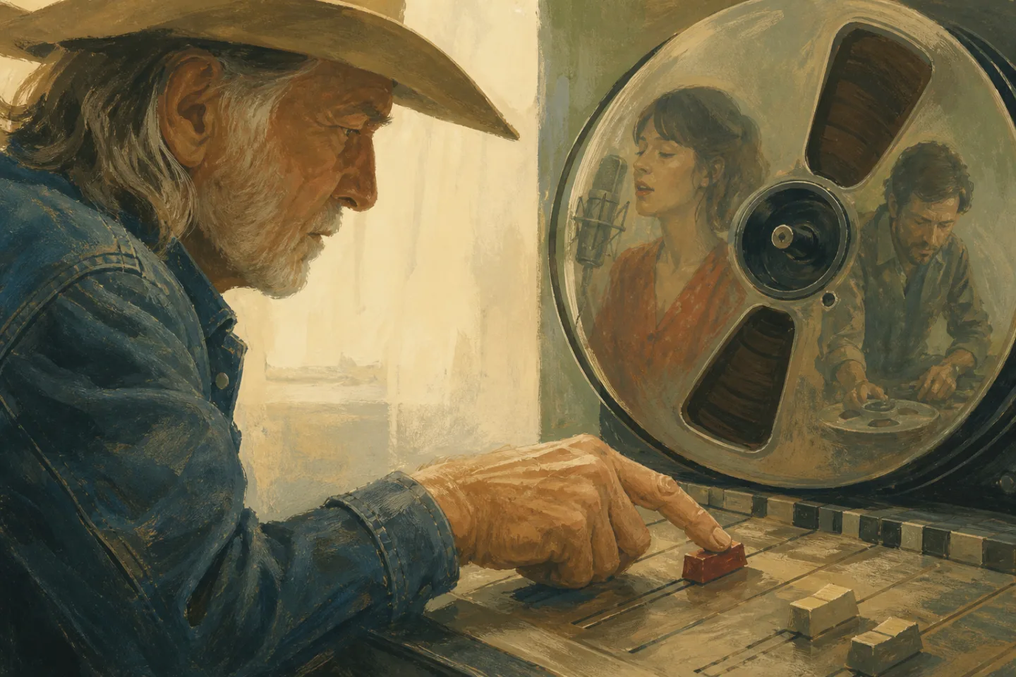 Gouache close-up of an older artist at a mixing desk with a guide singer and producer reflected in an archive reel