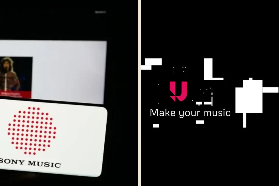 Sony Music and Udio editorial split · source images from Sony Music / Music Business Worldwide and Udio