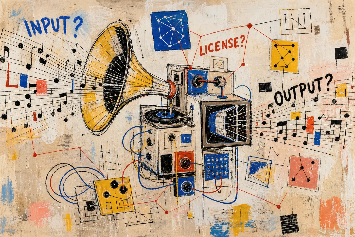 Light neo-expressionist painting of a music-processing machine and notation streams labelled INPUT?, LICENSE? and OUTPUT?