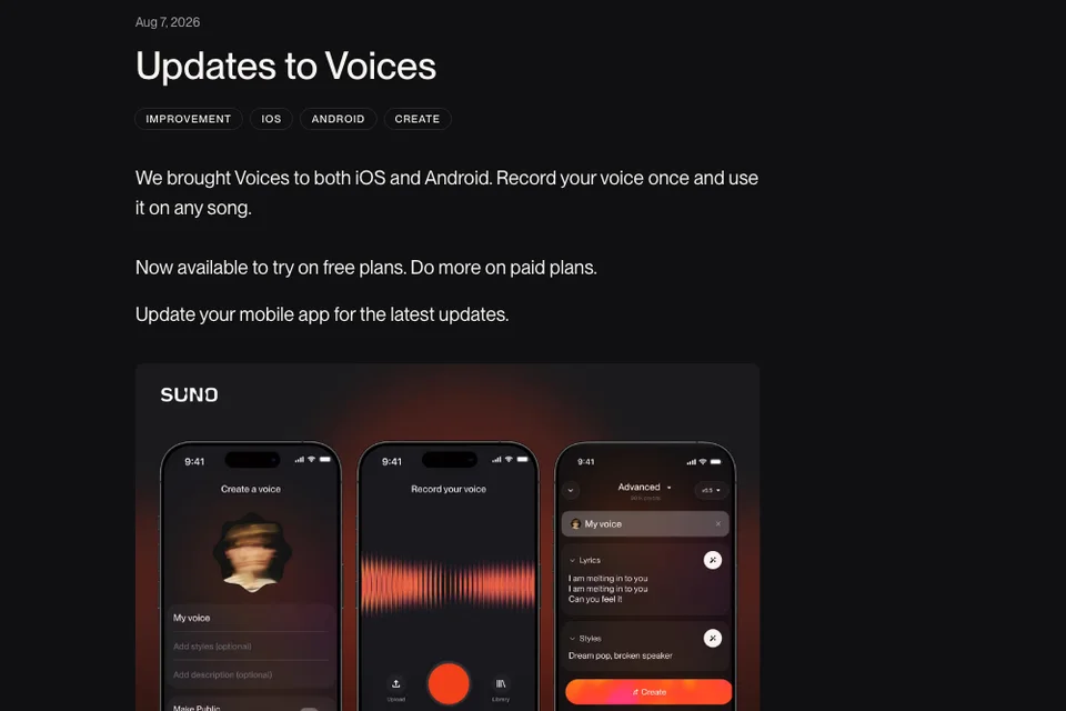 Suno Voices release note showing the mobile voice workflow · Suno, captured 22 Aug 2026