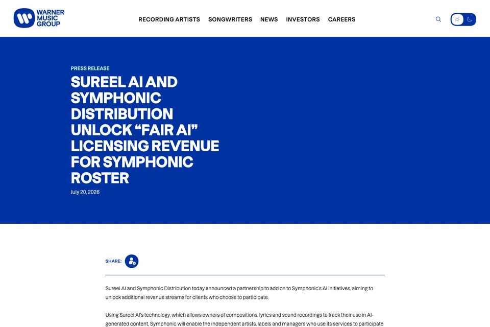 Sureel AI and Symphonic Distribution partnership announcement · Warner Music Group, captured 24 Aug 2026