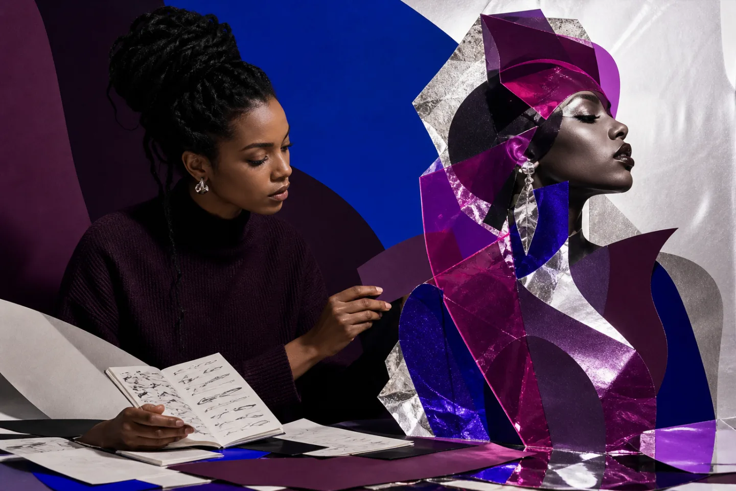 Fashion collage of a human songwriter constructing a separate stage persona from plum, cobalt and silver paper