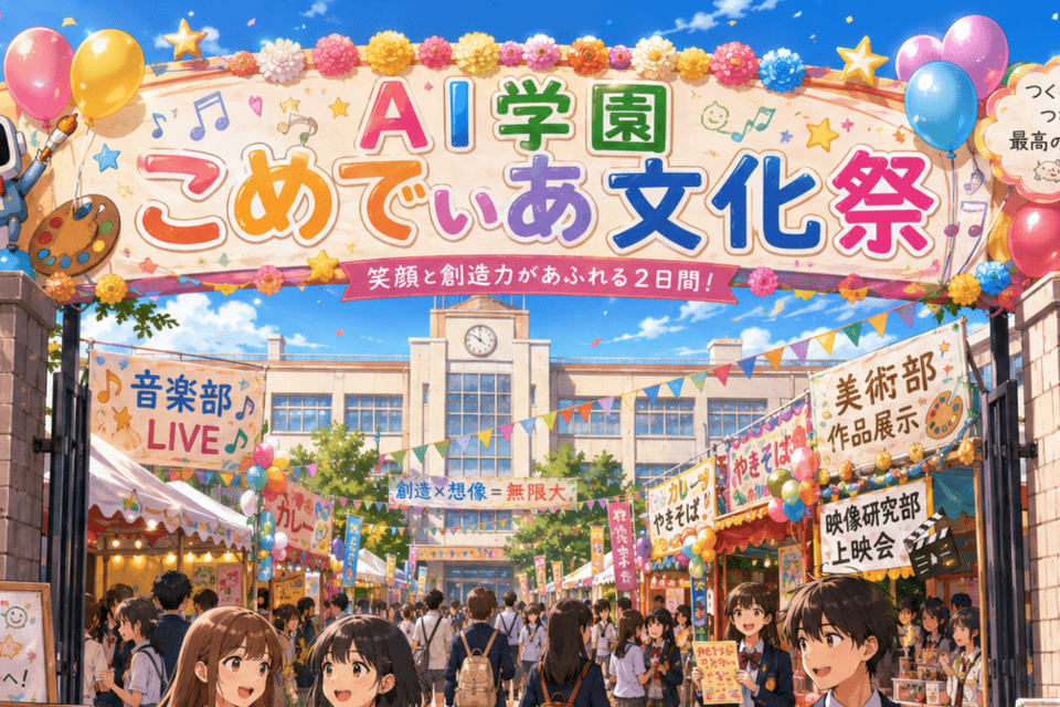 Colorful official artwork for the COMEDIA and AI Gakuen cultural festival.