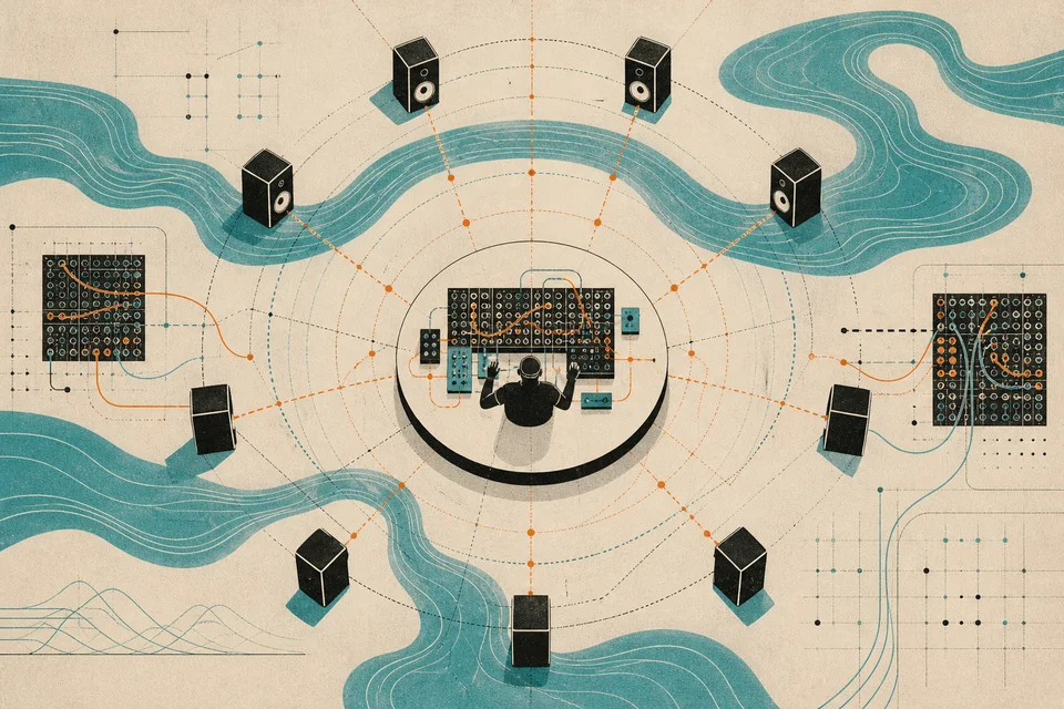 Editorial illustration of a spatial electronic-music performance with modular synthesizers, speakers and flowing Hangzhou-inspired contours.