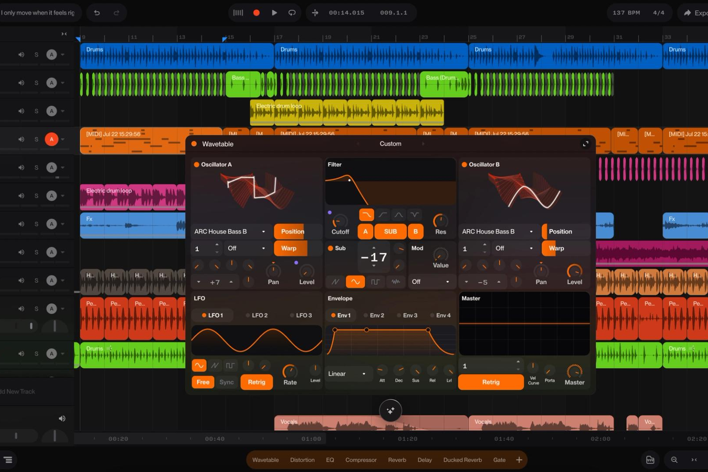 Suno Studio 2.0 interface with multitrack timeline and synthesizer controls.