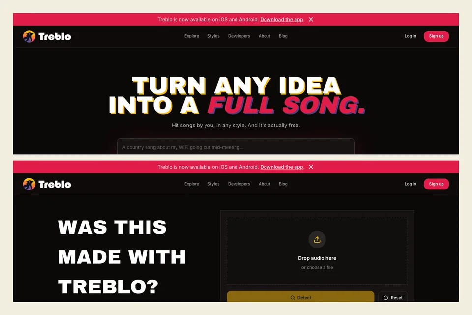 Treblo music generator and AI music detector interfaces shown side by side.