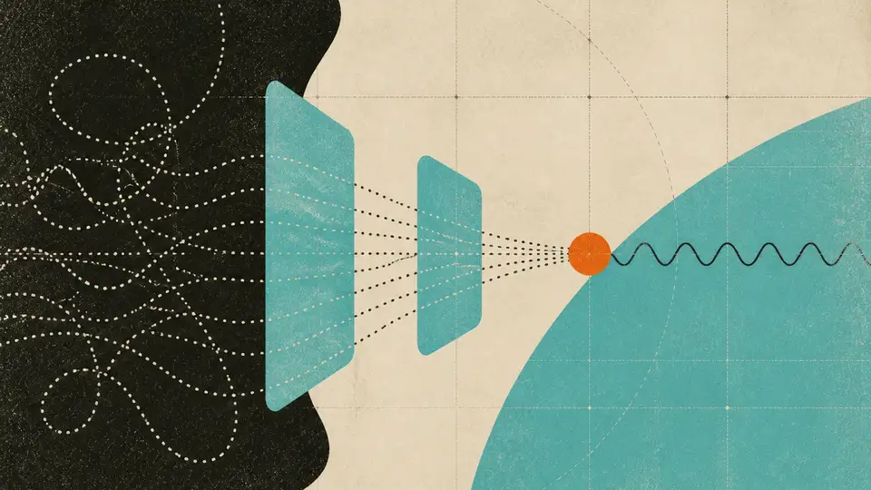 Several uncertain paths pass through two evidence filters and resolve into one clean waveform.