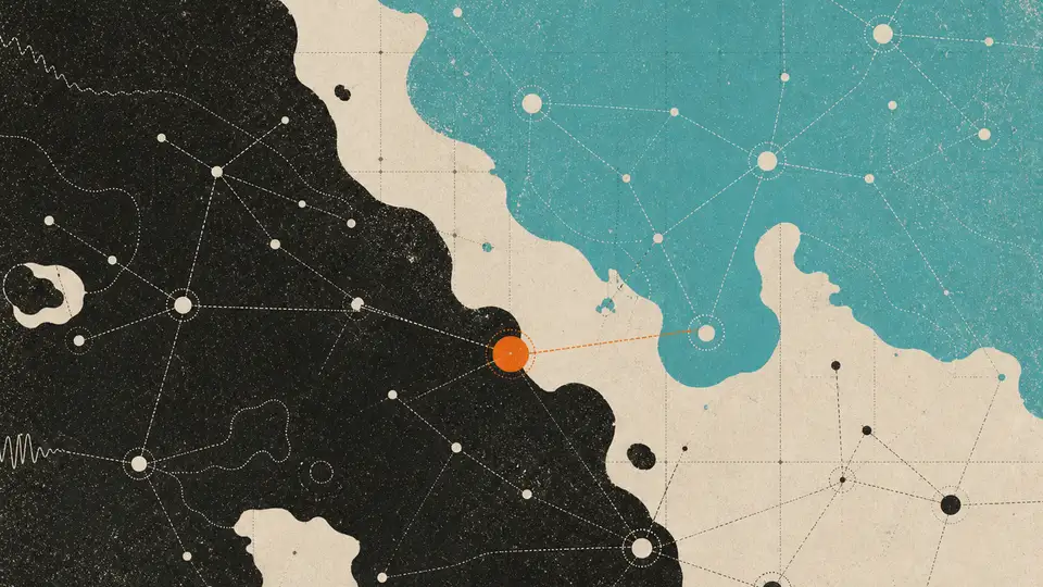 A turquoise atlas field connects tools and organizations around one orange coordinate.